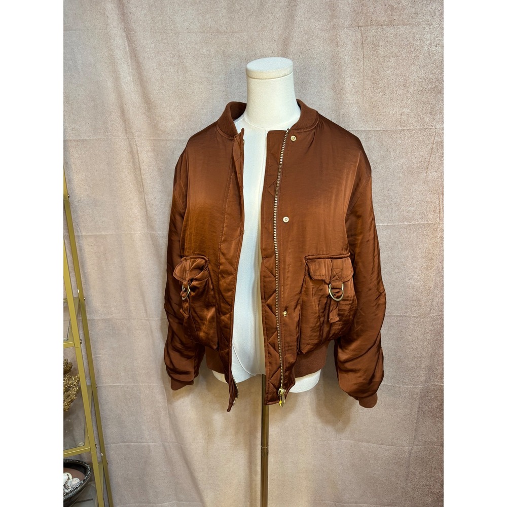 House of‎ Harlow 1960 Brown Satin Ruched Sleeve Bomber Jacket Medium Womens